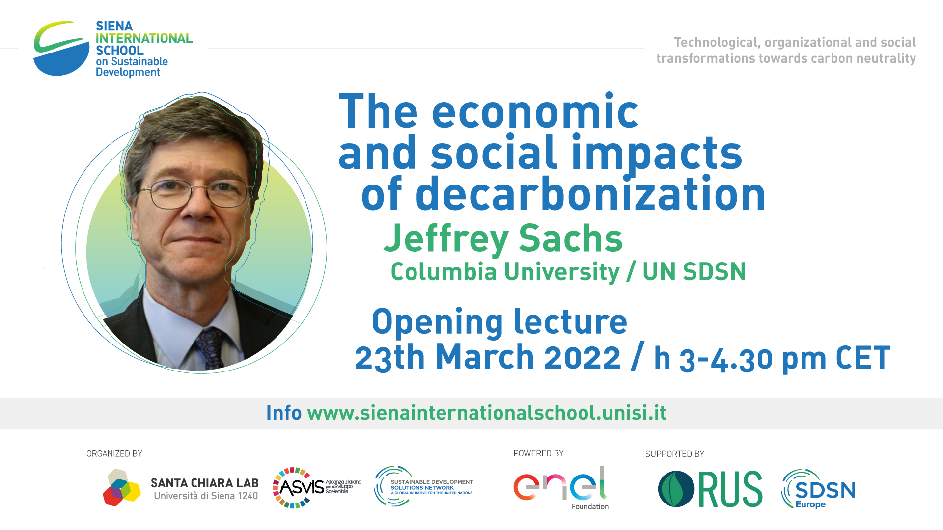 Jeffrey Sachs apre la Siena International School on Sustainable Development 2022